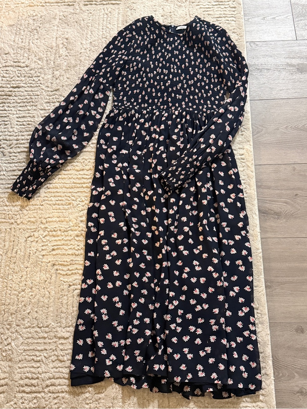 Ganni Black Midi Dress with Pink Daisy Print